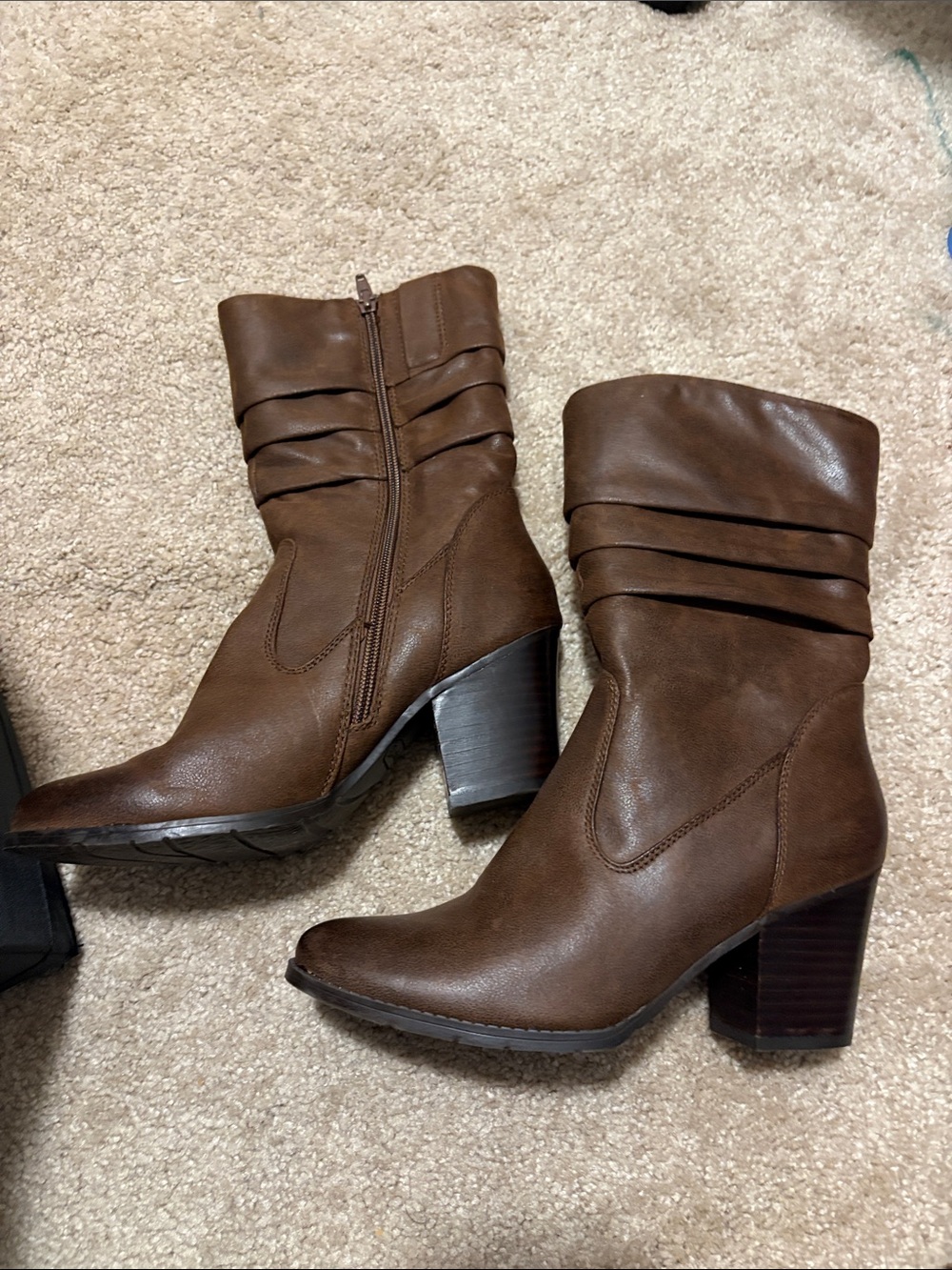 BareTraps Brown Mid-Calf Stacked Block Heel Boots